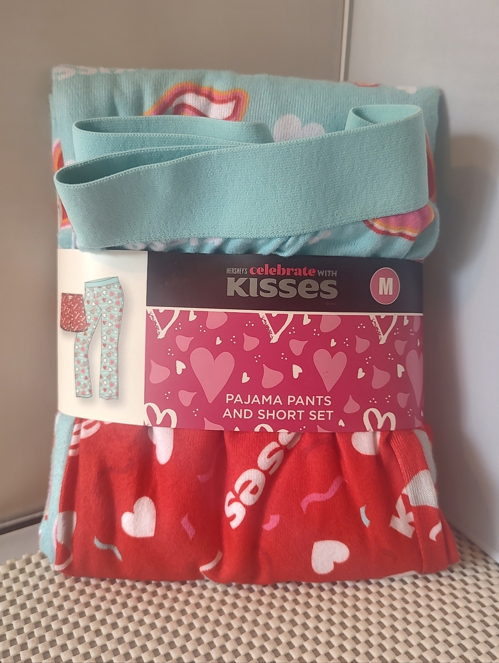Kisses Women's Size M Pajama Pants & Short Set NWT Valentine's Day Mid Rise Aldi